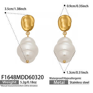 Pendientes de perlas irregulares de acero inoxidable, chapados en oro de 18 quilates, antideslustre, joyería minimalista de lujo para mujer - Product Image 5