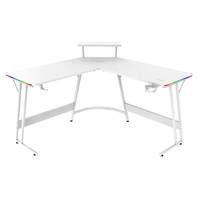 Bureau de jeu moderne blanc avec porte-gobelet multifonctionnel, support pour casque, éclairage RGB durable à commande tactile, bureau de course
