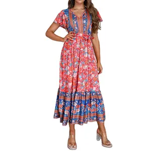 Новое модное 2024 летнее платье с V-образным вырезом для женщин, женское Повседневное платье с коротким рукавом и листьями лотоса с цветочным принтом