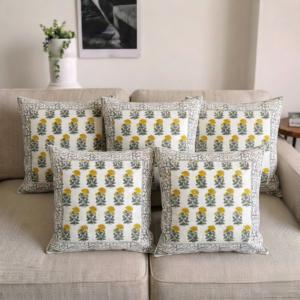 Floral Block Print Cushion Cover Set Cotton <b>Pillow</b> Covers Grey Border Yellow Print Decorative <b>Sofa</b> Cushion Covers - Product Image 3