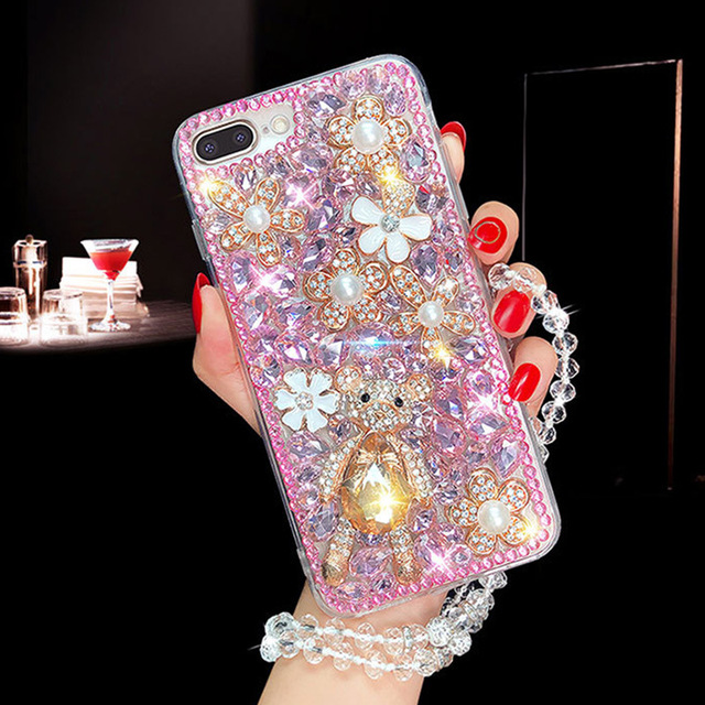 Luxury Cute Bear Diamond Phone Case for iPhone 12 13 Pro Max Handmade Rhinestone 3D Handmade Clear Flower Case for Girls Women