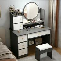 Ensemble de coiffeuse moderne de luxe en chêne avec miroir rond LED réglable et durables, et grands tiroirs pour bureau de maquillage de chambre
