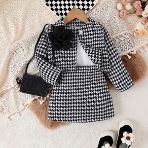 Winter Girls Clothes Houndstooth 3D Flower Cardigan Solid Color <b>Suspender</b> Plaid Short Skirt 3PCS Girls <b>Set</b> Children's Clothing - Product Image 3