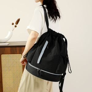 <b>Drawstring</b> <b>Backpack</b> Black Large Capacity Reflective Strip Sports Fitness Leisure Travel Unisex Soft Handle Interior Zipper - Product Image 1