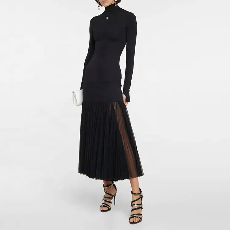 factory custom black half high collar long sleeve gauze dress high end luxury exquisite party dresses women evening elegance