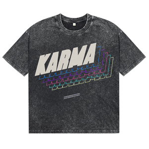 T-shirt vintage pour homme de haute qualité, en coton, à manches courtes, effet délavé, imprimé lettres multicolores Karma, col rond, coupe oversize, style streetwear - Product Image 1