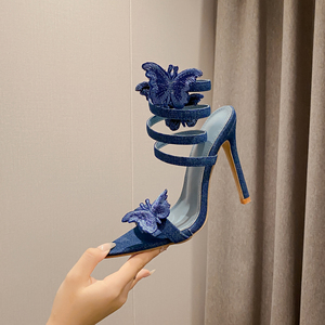 XSD 2025 stile europeo americano scarpe da sposa in Denim blu con <span class=keywords><strong>tacco</strong></span> alto sandali con punta aperta e cinturino alla caviglia a farfalla ricamato - Product Image 3