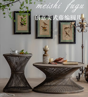Table en rotin vintage, tressée à la main, table basse en osier en forme de sablier, table ronde rustique pour la maison, la maison d'hôtes, le salon