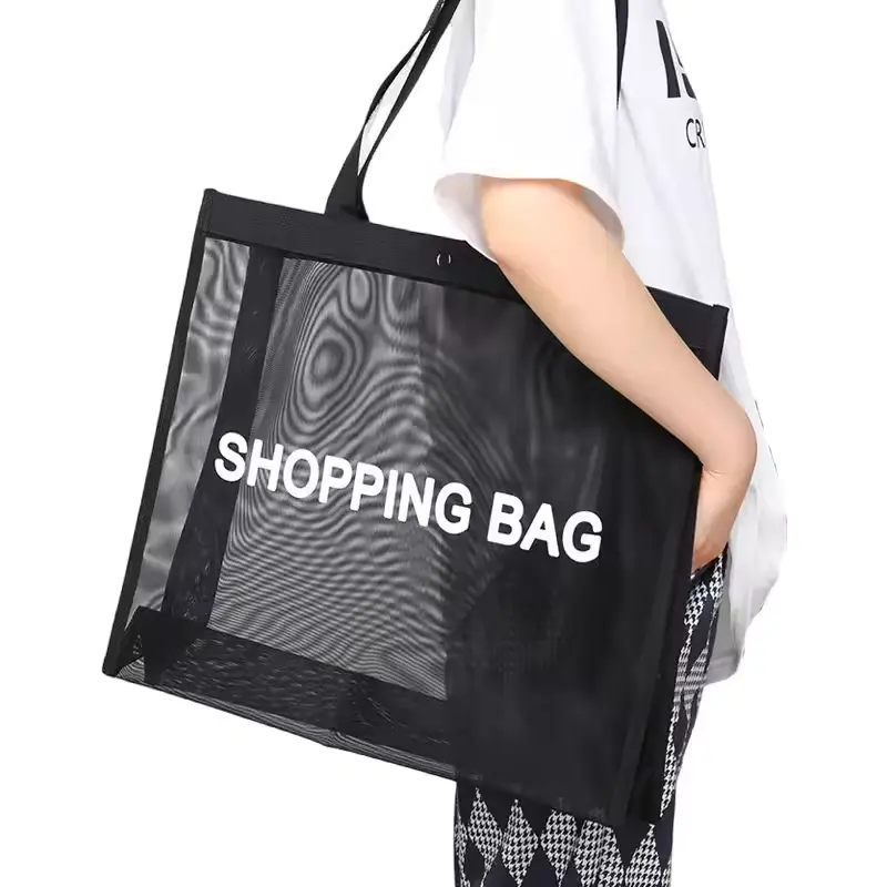 O sacola de compras mais popular com logotipo personalizado, sacola de compras de malha de arame de nylon reutilizável de grande capacidade, sacola de praia de malha