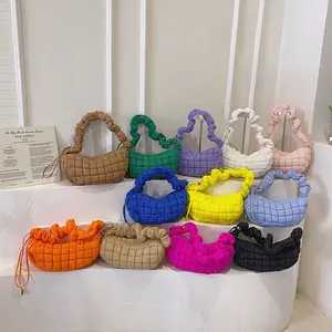 High Quality Korean style soft Winter Padded Polyester Quilted puffy Fabric Women Handbag Softness Pleated Underarm Bag