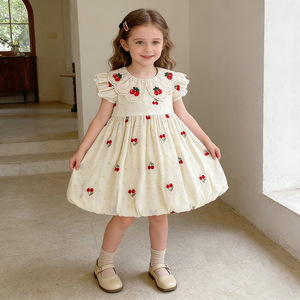 Nuovo <span class=keywords><strong>vestito</strong></span> estivo per ragazze, ricamo a ciliegia, colletto in pizzo, maniche a sbuffo, <span class=keywords><strong>vestito</strong></span> <span class=keywords><strong>da</strong></span> <span class=keywords><strong>principessa</strong></span>, 2-6 anni, per bambina, casual, per feste di compleanno - Product Image 2