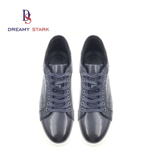 Luxury Navy Blue <b>Leather</b> Sneakers for <b>Men</b>, Handcrafted Embossed Casual <b>Trainers</b> with Comfortable Insole - Product Image 4