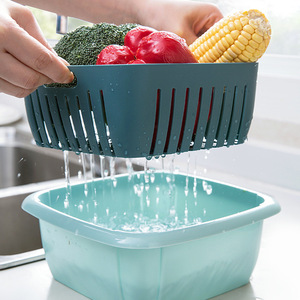 Double Layer <b>Plastic</b> Drain <b>Basket</b> With Lid Sealed For Fruit Vegetable Storage Kitchen Use - Product Image 2