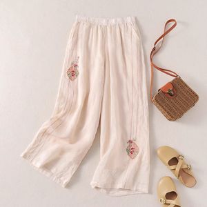 Women's <b>Elastic</b> Waist Loose Cotton Linen Wide Leg Pants With Embroidery Summer Casual Plus Size Pants In White Pink Light Beige - Product Image 2