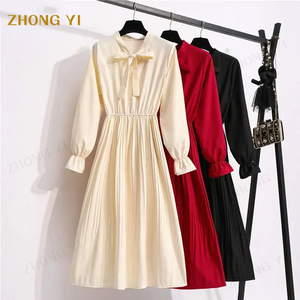 Vestido para <span class=keywords><strong>Mujer</strong></span>, <span class=keywords><strong>Otoño</strong></span> <span class=keywords><strong>Invierno</strong></span> <span class=keywords><strong>2022</strong></span>, Nuevo, Sólido, con Mangas Acampanadas, de Gasa, Cintura Alta, Cuello con Lazo, Estilo Vintage, Línea A - Product Image 1