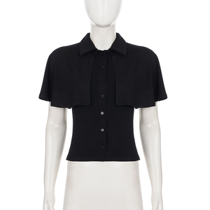 Camiseta Elegante Francesa Vintage Negra con Capucha y Manga Corta, Corte Ajustado, Cuello Solapa, Botones Delanteros, Cintura Definida, Top Chic para Mujer - Product Image 6