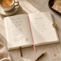 Diario de Café Personalizado LABON, Tapa Dura con Diseño a Cuadros Crema, Etiqueta Impresa, Marcapáginas con Cinta, Clip para Taza de Café, OEM ODM
