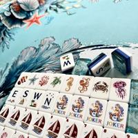 Büyük Boy Nakliye 7 Gün 160 Parça UV Dayanımlı Çevre Dostu Okyanus Temalı Mahjong Seti Deniz Kabuğu Yelkenli Tasarımlı Aqua Mermer Karolar