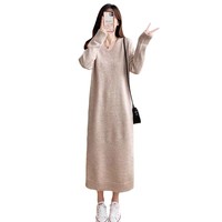 Nouvelle Robe Pull Femme Hiver Col V Bretelles Fines Longueur Mi-Mollet Ample Droite Tricotée Nylon/Coton