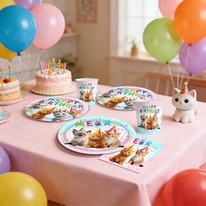 80 pièces de décorations d'anniversaire pour chat, ensemble complet de vaisselle en papier comprenant assiettes, gobelets, serviettes, décorations de fête d'anniversaire sur le thème du chat - Product Image 6