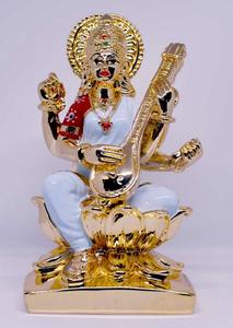 Handmade 6 Inch Goddess Lord Saraswati <b>Statue</b> Stainless Steel Sculpture God Sitting Lotus Home Mandir Temple Birthday Weddings - Product Image 3
