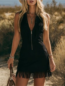 Women's <b>Boho</b> PU Leather Sleeveless Deep V Neck Zipper Front Fringe Mini <b>Dress</b> Breathable Fitted <b>Summer</b> Casual Wear - Product Image 3