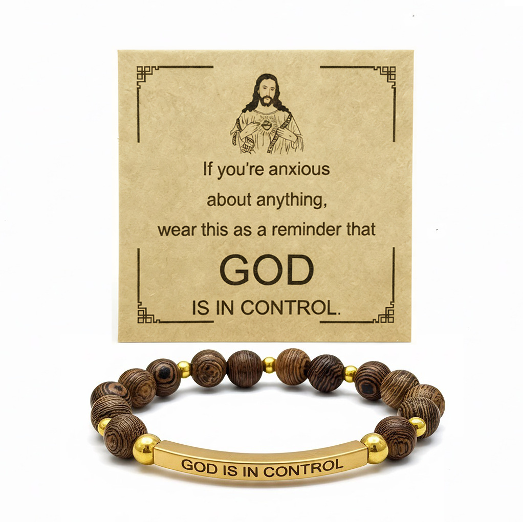 Pulsera elástica con cuentas de madera y oro