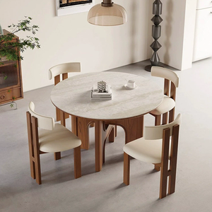 Mesa de comedor de madera con losa de roca travertino de estilo Vintage, juego de sillas de mesa de comedor de Color nogal de madera maciza Rectangular para el hogar y el Hotel - Product Image 1