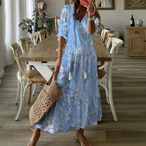 Vestido Largo Casual para Mujer, Estilo Dulce y Holgado, Cuello en V, Manga Farol, Estampado Multicolor, Estilo Retro Simple para Primavera - Product Image 2