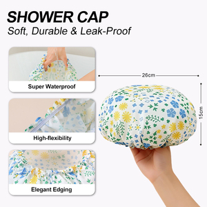 Sujie – Nouveau <span class=keywords><strong>bonnet</strong></span> <span class=keywords><strong>de</strong></span> douche élégant à motif floral bleu, en tissu PE durable et imperméable, confortable à porter pour les femmes, idéal pour le <span class=keywords><strong>bain</strong></span>, B2B OEM - Product Image 4