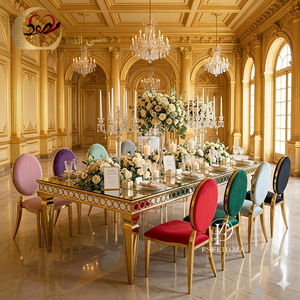 Meubles de banquet pour événements, table rectangulaire dorée en acier inoxydable avec plateau en verre miroir, table de mariage rectangulaire - Product Image 4