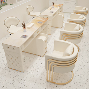 โต๊ะทำเล็บหินอ่อนพร้อมลิ้นชักเก็บของ สีครีม สำหรับร้านทำเล็บ - Product Image 1