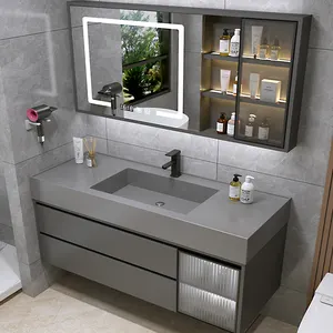 Ensemble d'armoires de salle de bain en bois massif mural moderne, offre une vanité de rangement à double évier avec miroir intelligent