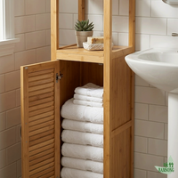 Armoire de rangement haute en bambou naturel pour salle de bain, 3 étagères ouvertes, porte simple à persiennes, autoportante, étroite, organisateur latéral pour buanderie et toilettes