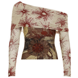 Top Vintage Bohemio con Estampado Floral Digital, Hombros Descubiertos y Paneles de Malla Transparente - Suéter de Punto - Product Image 5