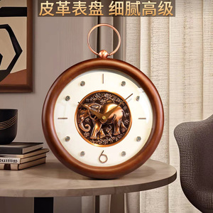 Solid Wood <b>Table</b> <b>Clock</b> Circular Leather Dial Elephant Design Desktop Decorative <b>Clock</b> For Living Room Bedroom - Product Image 5