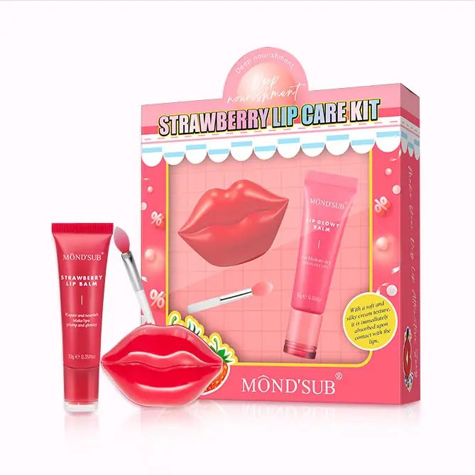 Kit de lábios coreano Vegan Pink Gel hidratante para dormir Máscara Brilhante para lábios Conjunto de cuidados com os lábios cereja de marca própria