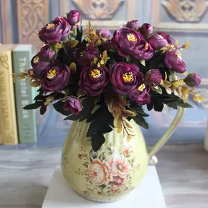 ดอกโบตั๋นดอกกุหลาบช่อดอกไม้งานแต่งงานตกแต่งด้วยบ้านห้องนั่งเล่นตั้งพื้นแจกันดอกไม้ผ้าไหม