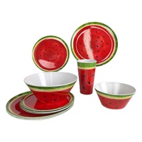 Ensemble de vaisselle en mélamine 5 pièces durable motif pastèque pour pique-nique et fête, comprenant bol, assiette et tasse