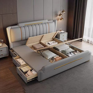 Ensemble de lit en cuir italien de luxe pour la maison, style moderne minimaliste élégant, lit <span class=keywords><strong>king</strong></span>-size éclairé de 1,8 m, lit capitonné design avec rangement - Product Image 6