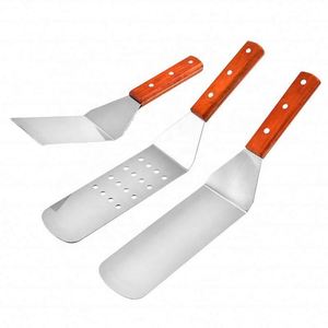Hot Sale Stainless Steel Hamburger Spatula Metal Meat Slotted Turner With Wooden Handle for <b>BBQ</b> Steak - Product Image 1