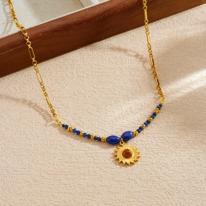 Lapis Lazuli Necklace Gold Sun Pendant Bezel Setting Everyday Wear Clavicle Chain Niche Retro Style - Product Image 3