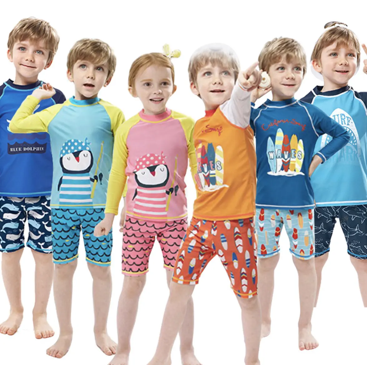 यूरोप छोटे लड़के और लड़कियों Swimwear के सूरज संरक्षण के साथ कोरियाई शैली छोटे बच्चों समुद्र तट Swimsuits