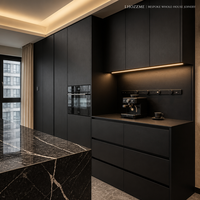 Meubles de cuisine modulaires sur mesure noir mat, garde-manger pleine hauteur, station café, tour d'appareils électroménagers, plan de travail en marbre, projets OEM ODM