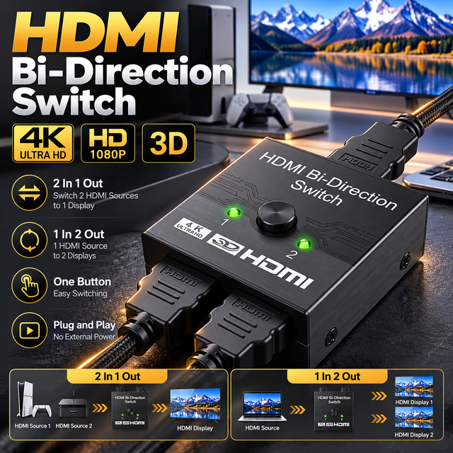 1080P Bidirectional HDMI Switch 2x1 1x2 HDMI 1.4 2 Port Video Selector Switcher for TV Monitor PC Laptop Projector Game Console