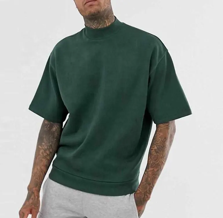 Camiseta alta para hombre, camiseta de gran tamaño de algodón verde con cuello de tortuga, camisetas con hombros caídos, camisetas Vintage, Jersey en blanco, estampado informal