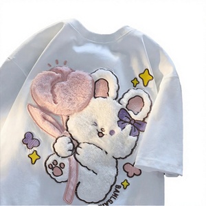 เสื้อยืดปักลายกระต่ายน่ารัก แขนสามส่วน ผ้าฝ้ายถัก คอกลม ทรงหลวม ใส่ได้ทั้งฤดูใบไม้ผลิและฤดูร้อน ดีไซน์ลายการ์ตูน - Product Image 3