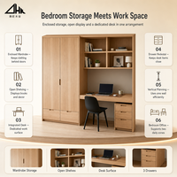 Armoire moderne aspect bois clair avec bureau intégré, étagères ouvertes et meuble de rangement à trois tiroirs