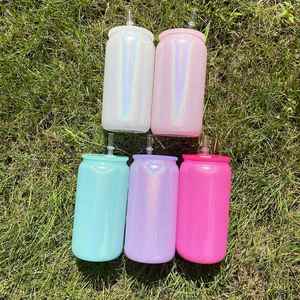 Bouteille en verre holographique personnalisable de 16 oz avec couvercle en plastique pour sublimation, effet scintillant, vente en gros - Product Image 4