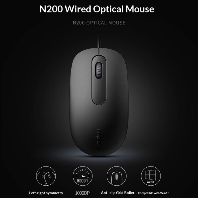 Rapoo N100/N200 Wired Optical Mouse 1600 DPI Ambidextrous USB Plug and Play for Office PC Laptop Business Home